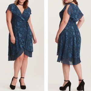 TORRID Teal Floral Texture Chiffon Wrap Midi Dress